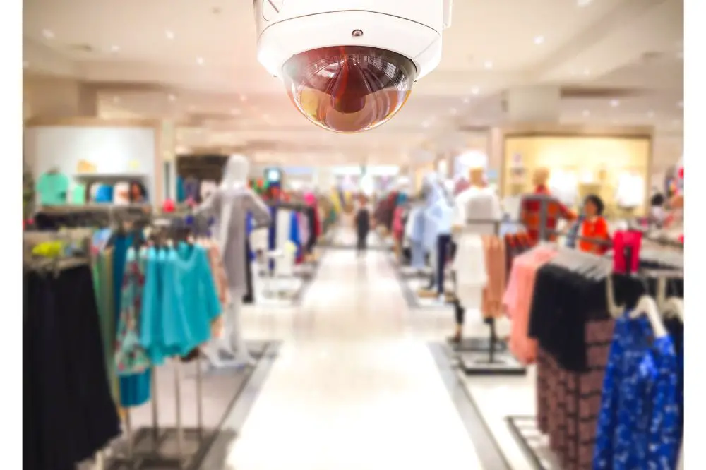 CCTV Security camera shopping department store on background.